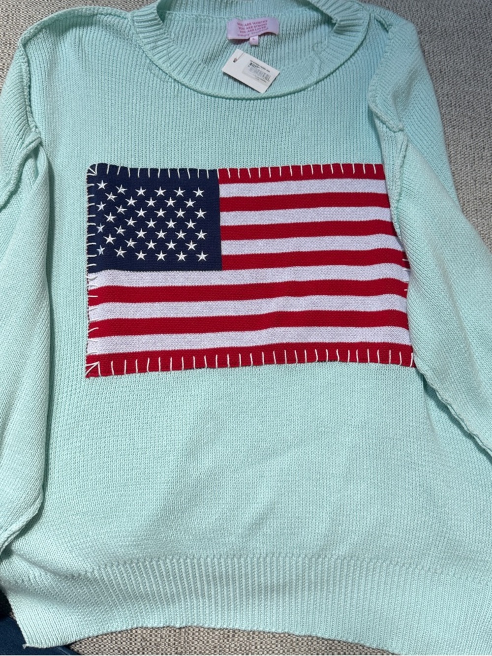 Simply Southern Mint Green Crewneck Sweater with American Flag Patch